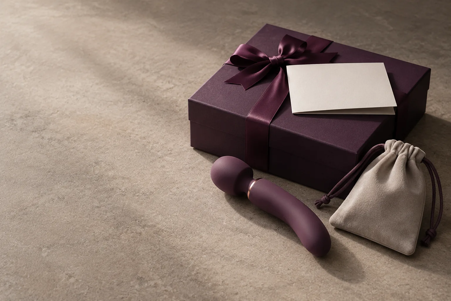 A still life on a warm grey stone surface: a lidded deep-plum gift box with a satin ribbon and a folded blank card on top, a small matte silicone massager and a