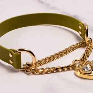 "Swan Dance" - 13" Gold & Moss Leather Heart Locking Martingale Collar _ LIMITED _